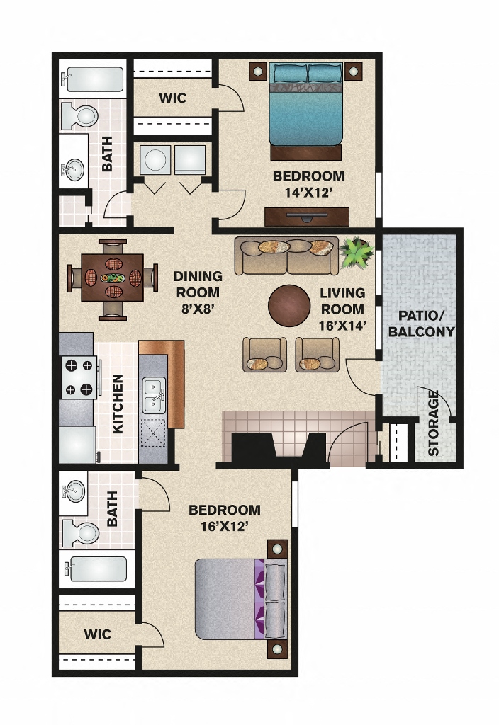 Floor plan for 2 beds, 2 baths, 917 sqft